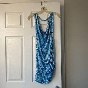 NWT Boohoo Blue Marble Backless Halter Bodycon Mini Dress